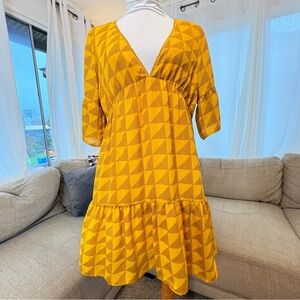 Hawaii's Finest Yellow and Brown Tribal Lined Flowy Midi Dress